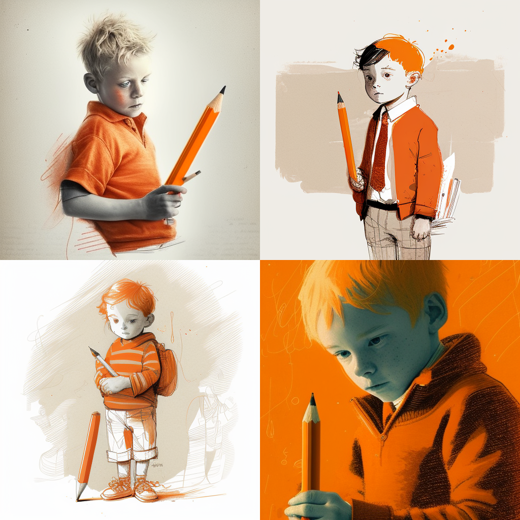 Prompt: boy with big pencil in hand, orange colours