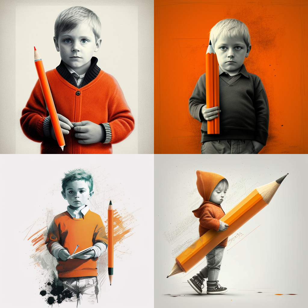 Prompt: boy with big pencil in hand, orange colours --q 2 --s 1000