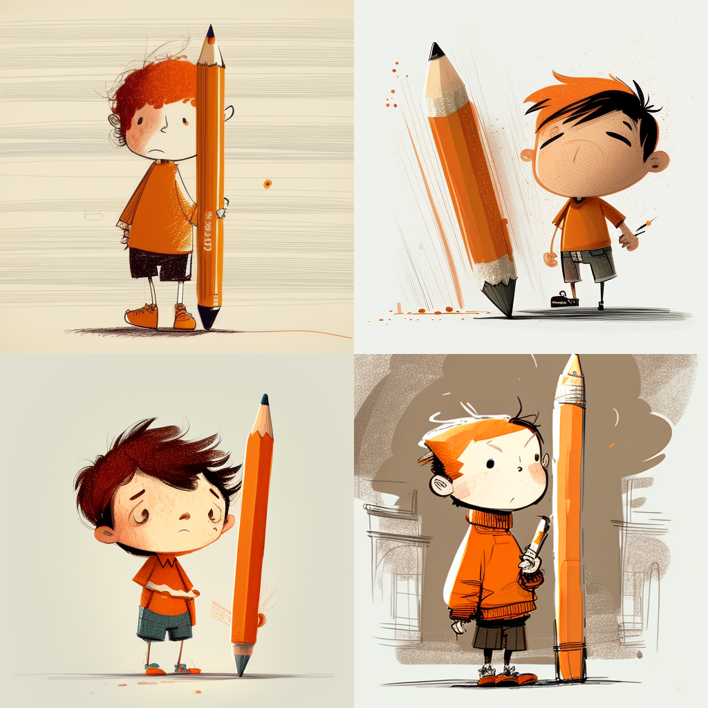 Prompt: boy with big pencil in hand, orange colours, cartoon