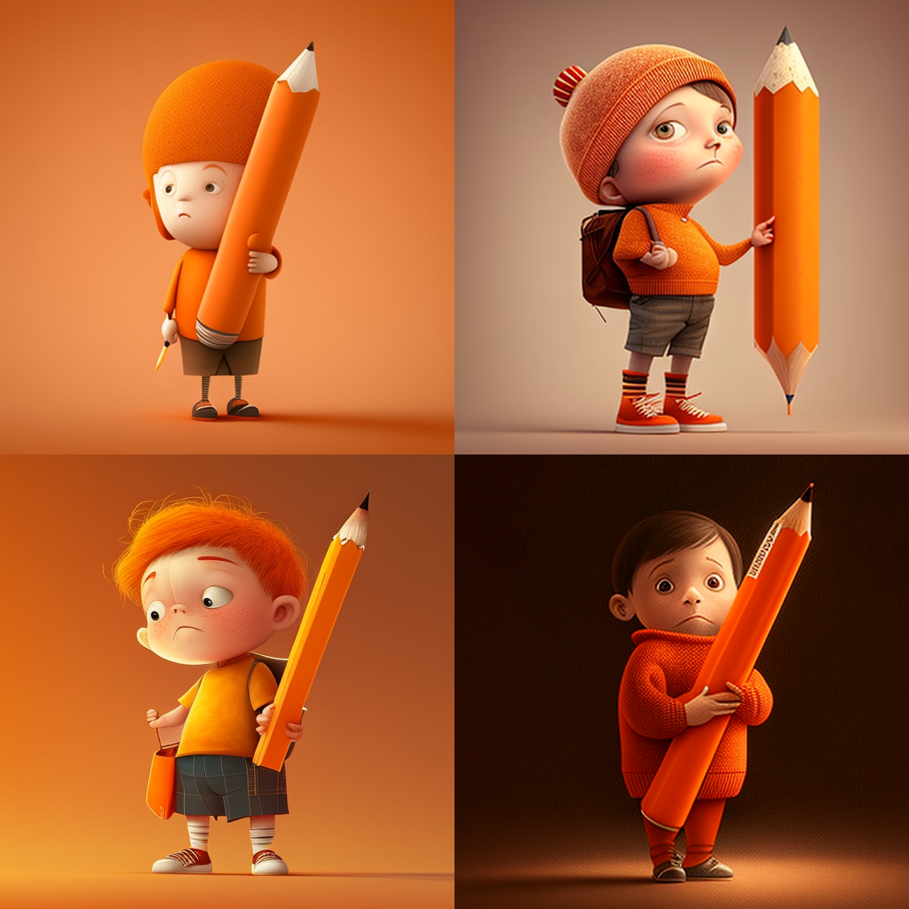 Prompt: boy with big pencil in hand, orange colours, cartoon realistic cinema 16k