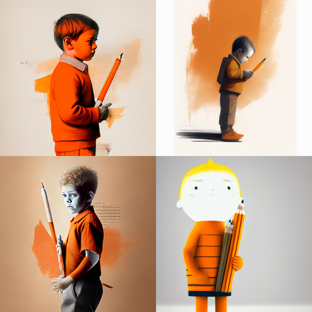 Prompt: boy with big pencil in hand, orange colours --q .25 --s 100