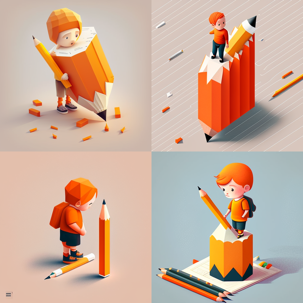 Prompt: boy with big pencil in hand, orange colours, isometric