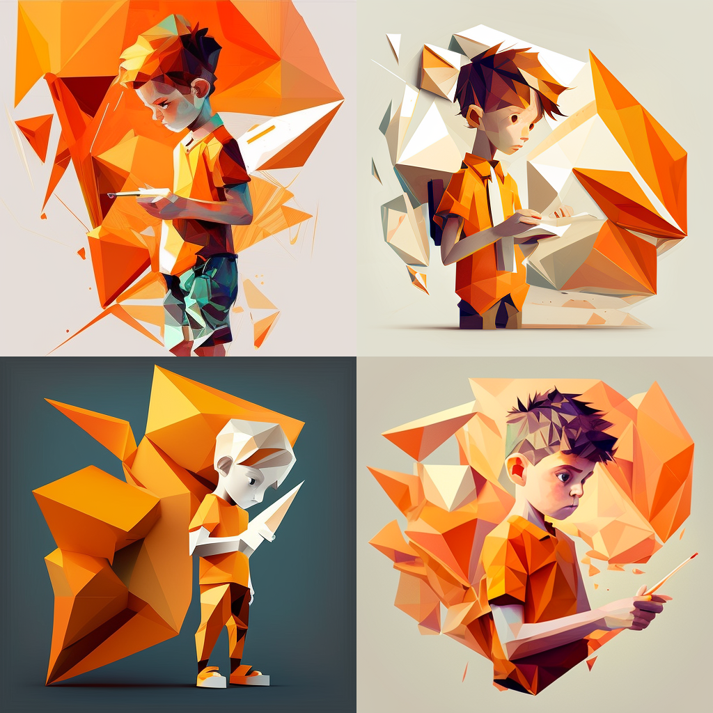 Prompt: boy with big pencil in hand, orange colours, polygonal