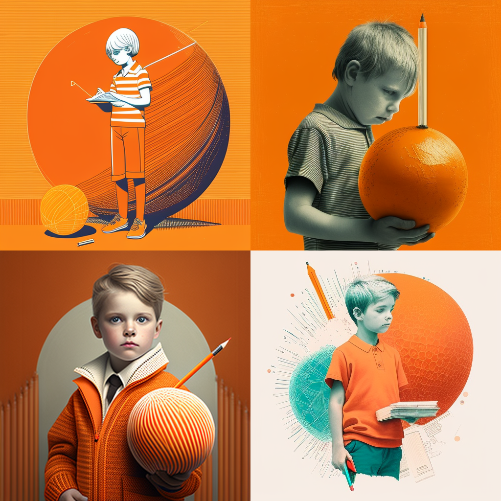 Prompt: boy with big pencil in hand, orange colours, sphere