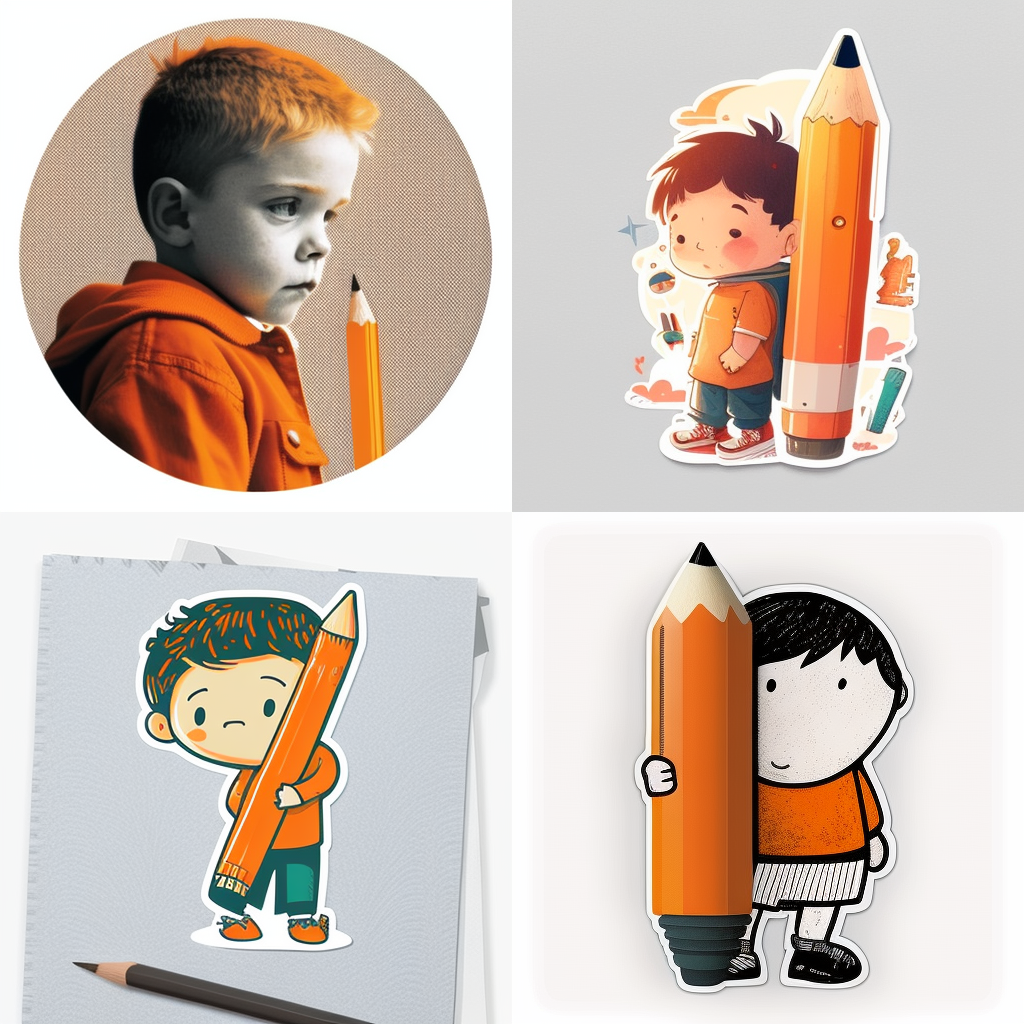 Prompt: boy with big pencil in hand, orange colours, sticker